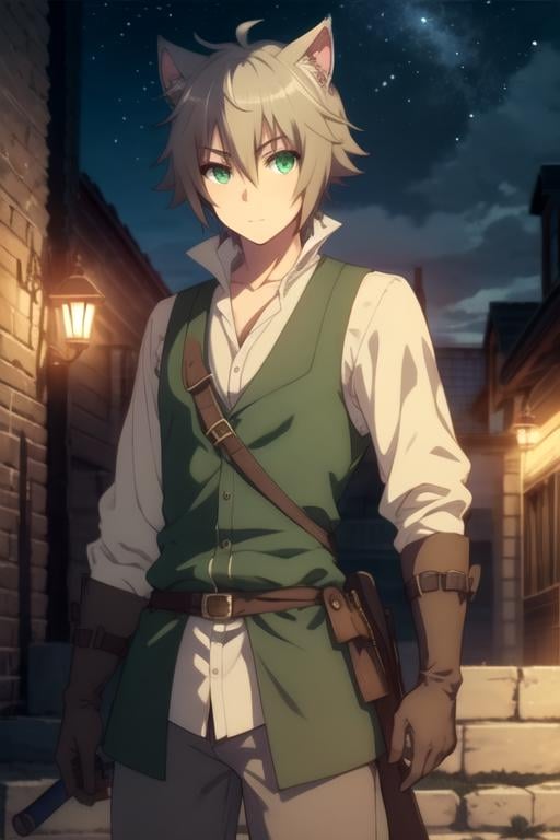 masterpiece, best quality, game cg, 1boy, solo, male focus, looking at viewer, , , ligne claire, , <lora:elk_choujin_koukousei-tachi:0.74>, elk_choujin_koukousei-tachi, grey hair, green eyes, , animal ears, cat ears, swashbuckler costume, night sky,