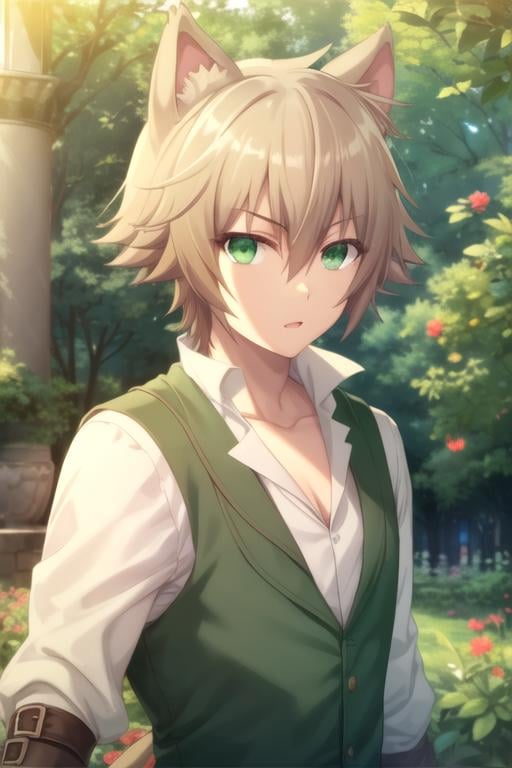 masterpiece, best quality, game cg, 1boy, solo, male focus, looking at viewer, upper body, , , , <lora:elk_choujin_koukousei-tachi:0.82>, elk_choujin_koukousei-tachi, light brown hair, green eyes, hair between eyes, , cat ears, , , , High resolution