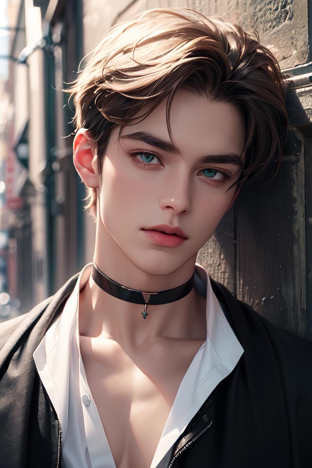 1male,green eyes,choker,open clothes,portrait,