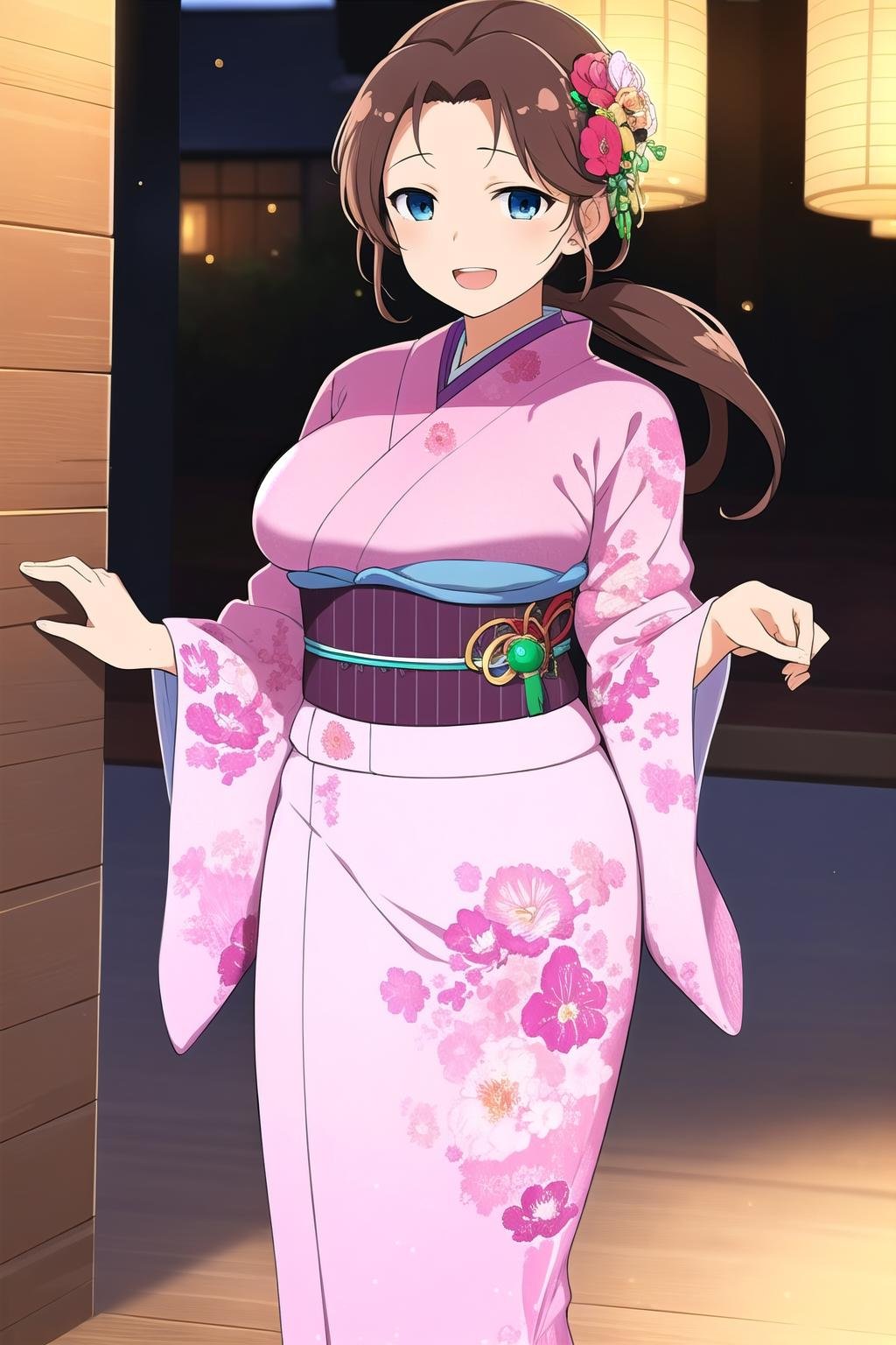 (masterpiece, best quality), highly detailed background, perfect lightingbest quality, hijikataSK, solo, brown hair, ponytail, hair flower, long hair, blue eyes, large breasts, pink kimono, floral print, japanese clothes, smile, open mouth, <lora:Hijikata_Senran-Kagura:0.7>