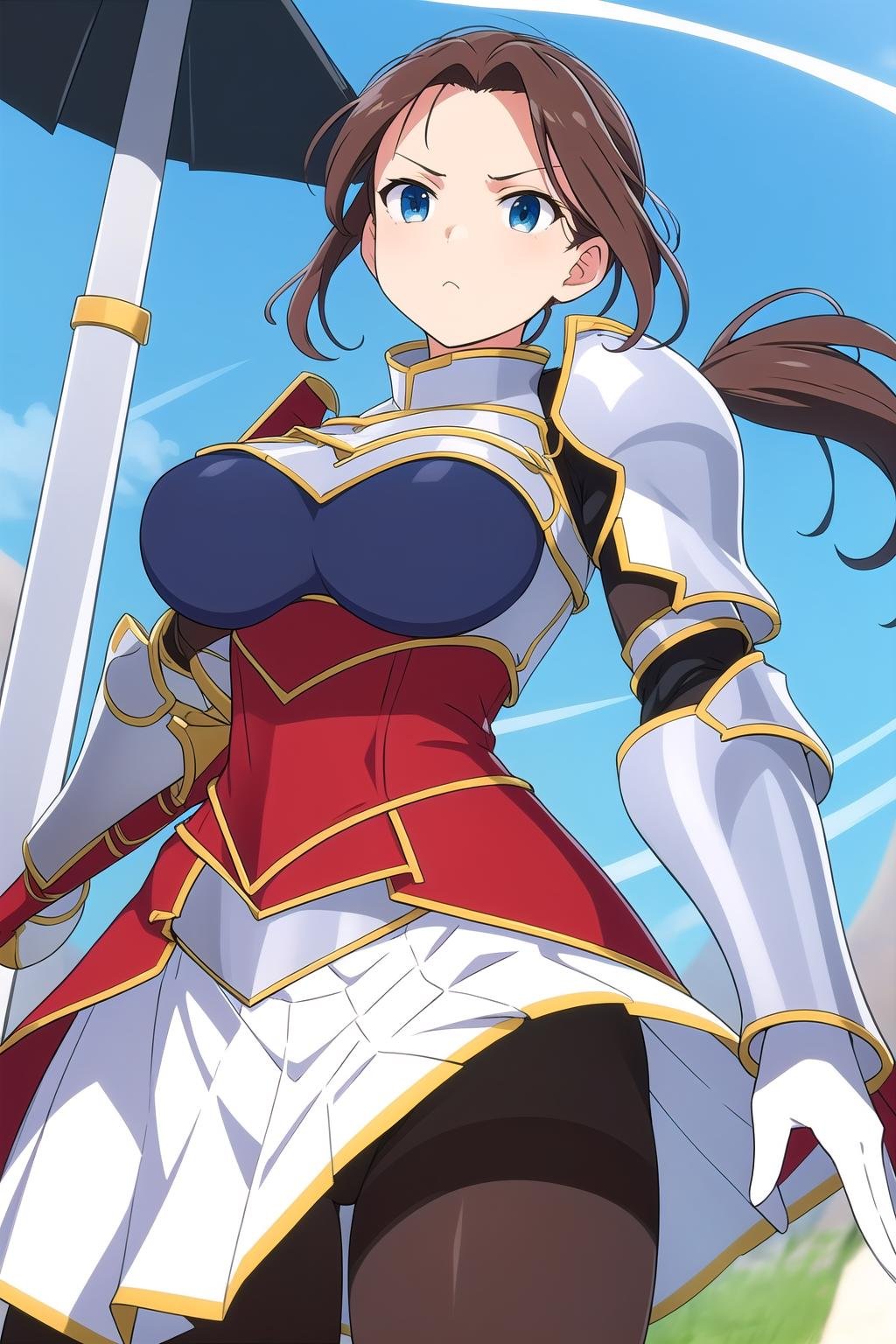 (masterpiece, best quality), highly detailed background, perfect lightingbest quality, hijikataSK, solo, brown hair, ponytail, long hair, v-shaped eyebrows, blue eyes, large breasts, bouncing breasts, breasts, pauldrons, shoulder armor, armor, gauntlets, white gloves, white skirt, sheath, black pantyhose, greaves, armored boots, pantyhose, closed mouth, <lora:Hijikata_Senran-Kagura:0.7>