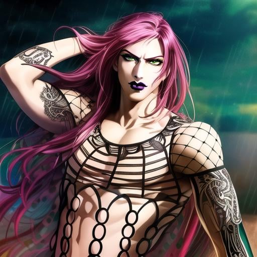 raining background, (1boy), solo, male, diavolojojo, male focus, ((best quality)), ((highly detailed)), masterpiece, ((official art)), detailed face, /black lips,/ (detailed eyes, green eyes),long hair, green eyes,  upper body, half shot, pectorals, hips, waist, pants, dramatic, tattoos, official style,  anime, <lora:diavolojojo:1>