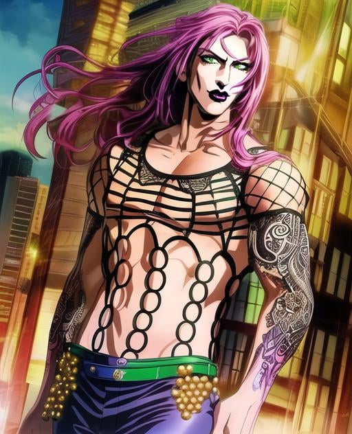 city background, (1boy), solo, male, diavolojojo, male focus, ((best quality)), ((highly detailed)), masterpiece, ((official art)), detailed face, /black lips,/ (detailed eyes, green eyes),long hair, green eyes,  upper body, half shot, pectorals, hips, waist, pants, dramatic, tattoos, official style,  anime, <lora:diavolojojo:1>