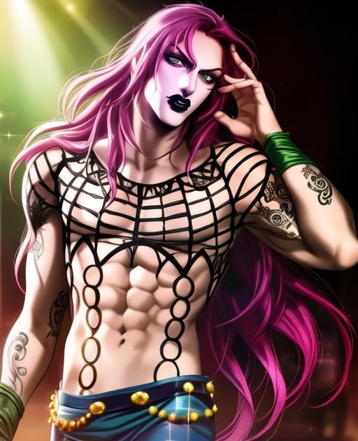 city background, (1boy), solo, male, diavolojojo, male focus, ((best quality)), ((highly detailed)), masterpiece, ((official art)), detailed face, /black lips,/ (detailed eyes, green eyes),long hair, green eyes,  upper body, half shot, pectorals, hips, waist, pants, dramatic, tattoos, official style,  anime, <lora:diavolojojo:1>