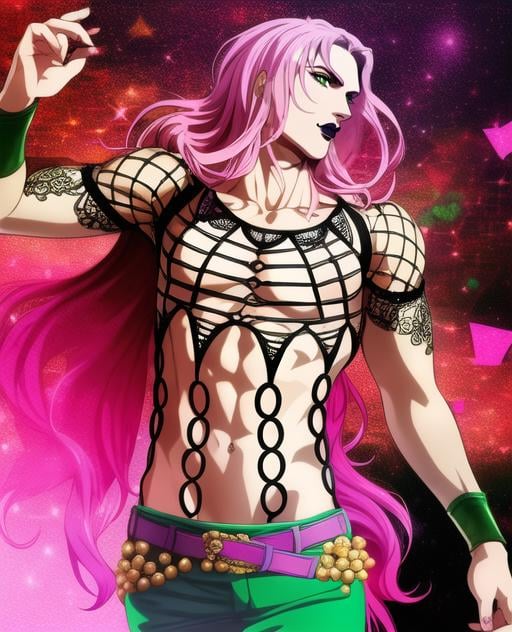 city background, (1boy), solo, male, diavolojojo, male focus, ((best quality)), ((highly detailed)), masterpiece, ((official art)), detailed face, /black lips,/ (detailed eyes, green eyes),long hair, green eyes,  upper body, half shot, pectorals, hips, waist, pants, dramatic, tattoos, official style,  anime, <lora:diavolojojo:1>