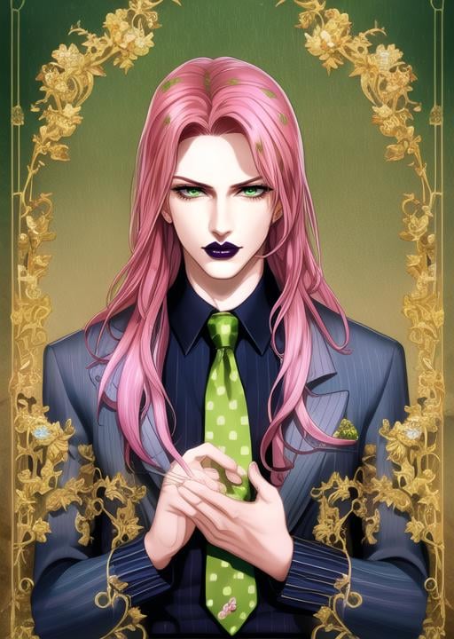 raining background, (1boy), solo, male, diavolojojo, male focus, ((best quality)), ((highly detailed)), masterpiece, ((official art)), detailed face, /black lips,/ (detailed eyes, green eyes),necktie, formal,  clothing, suit, green eyes,  upper body, half shot, hips, waist, official style,  anime, fullbody, simple background, mansion  <lora:diavolojojo:0.78>