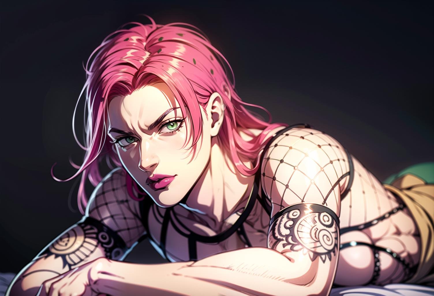 (8k, best quality, masterpiece:1.2), (finely detailed), diavolojojo, lying down, seductive, full body, solo, araki hirohiko (style), 1boy, green eyes, black lips, pink hair, hair spots, solo, fishnet top, tattoo, masterpiece, best quality, ultra-detailed detailed, detailed digital artwork, hi res,  detailed background, photo background, official art,extremely detailed CG unity 8k wallpaper, perfect lighting,Colorful, Bright_Front_face_Lighting,shiny skin, (masterpiece:1.0),(best_quality:1.0), <lora:diavolo-7:1>