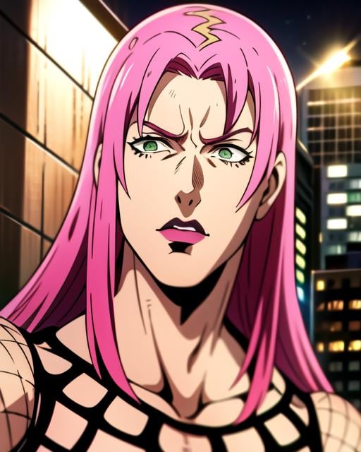 (8k, best quality, masterpiece:1.2), (finely detailed), diavolojojo, solo, araki hirohiko (style), 1boy, green eyes, pink hair, hair spots, solo, fishnet top, tattoo, masterpiece, best quality, ultra-detailed detailed, detailed digital artwork, hi res,  detailed background, photo background, street,city,night,(Upper_body),(Focus on his face), official art,extremely detailed CG unity 8k wallpaper, perfect lighting,Colorful, Bright_Front_face_Lighting,shiny skin, (masterpiece:1.0),(best_quality:1.0), <lora:diavolo-7:1>