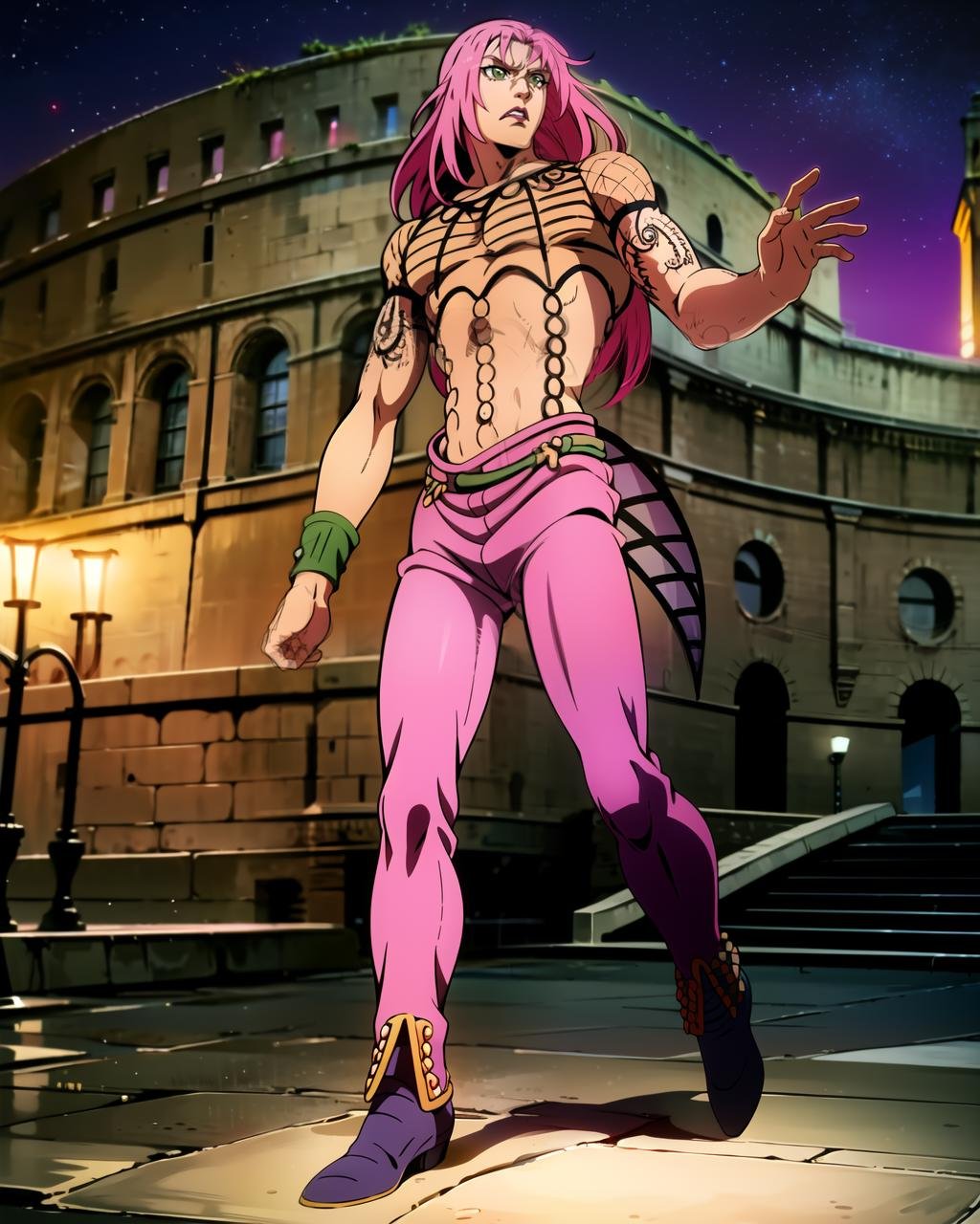 (8k, best quality, masterpiece:1.2), (finely detailed), diavolojojo, solo, araki hirohiko (style), 1boy, green eyes, black lips, pink hair, hair spots, pants, shoes, pose, solo, fishnet top, tattoo, masterpiece, best quality, ultra-detailed detailed, detailed digital artwork, hi res,  detailed background, photo background, coliseum, interior, night,(full body focus), official art,extremely detailed CG unity 8k wallpaper, perfect lighting,Colorful, Bright_Front_face_Lighting,shiny skin, (masterpiece:1.0),(best_quality:1.0), <lora:diavolo-7:1>