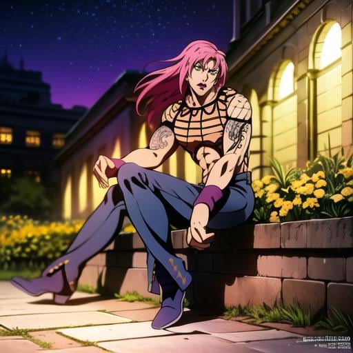 (8k, best quality, masterpiece:1.2), (finely detailed), diavolojojo, solo, araki hirohiko (style), 1boy, green eyes, black lips, pink hair, hair spots, sitting, pants, shoes, pose, solo, fishnet top, tattoo, masterpiece, best quality, ultra-detailed detailed, detailed digital artwork, hi res,  detailed background, photo background, flowers, night,(full body focus), official art,extremely detailed CG unity 8k wallpaper, perfect lighting,Colorful, Bright_Front_face_Lighting,shiny skin, (masterpiece:1.0),(best_quality:1.0), <lora:diavolo-7:1>