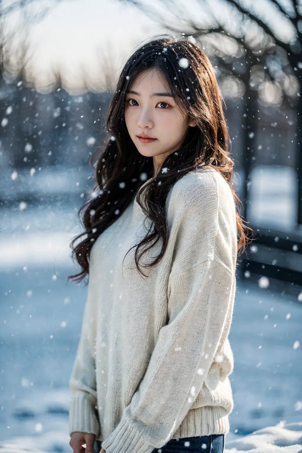 1girl,long hair,sweater, snowing background