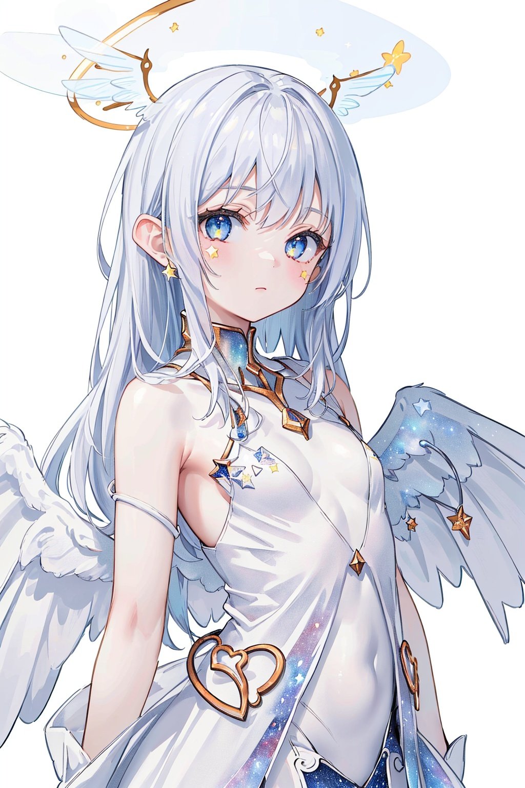  ((best quality)), ((masterpiece)),((ultra-detailed)), (illustration), (detailed light), (an extremely delicate and beautiful),
((solo)),((upper body)),
(((a beautiful girl))),((small_breasts)),((looking at viewer)),
(galaxy adorns colorful wings),(((starry_wings,galaxy wings):1.5)),(Glowing line tattoos),
(white skirt),(white dress),(Glowing halo),
(beautiful eyes),white hair,
((white background:1.7)),