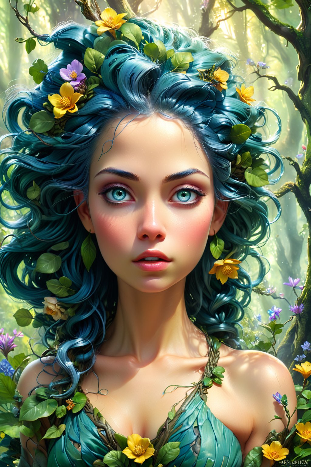 goddess dryad of the forest, strong expression, roots, concept art, rimlights, flowers overgrown, detailed flowing blue hair, Artgerm and Paul lewin and kehinde wiley, highly detailed digital painting, fantasy art, mystical, mesmerizing, fantastical, vibrant, majestic, mysterious, breathtaking, fantasy, fairytale, intricate, forest, flora, visually stunning, matte painting, concept art, trending on artstation, artgerm, cgsociety