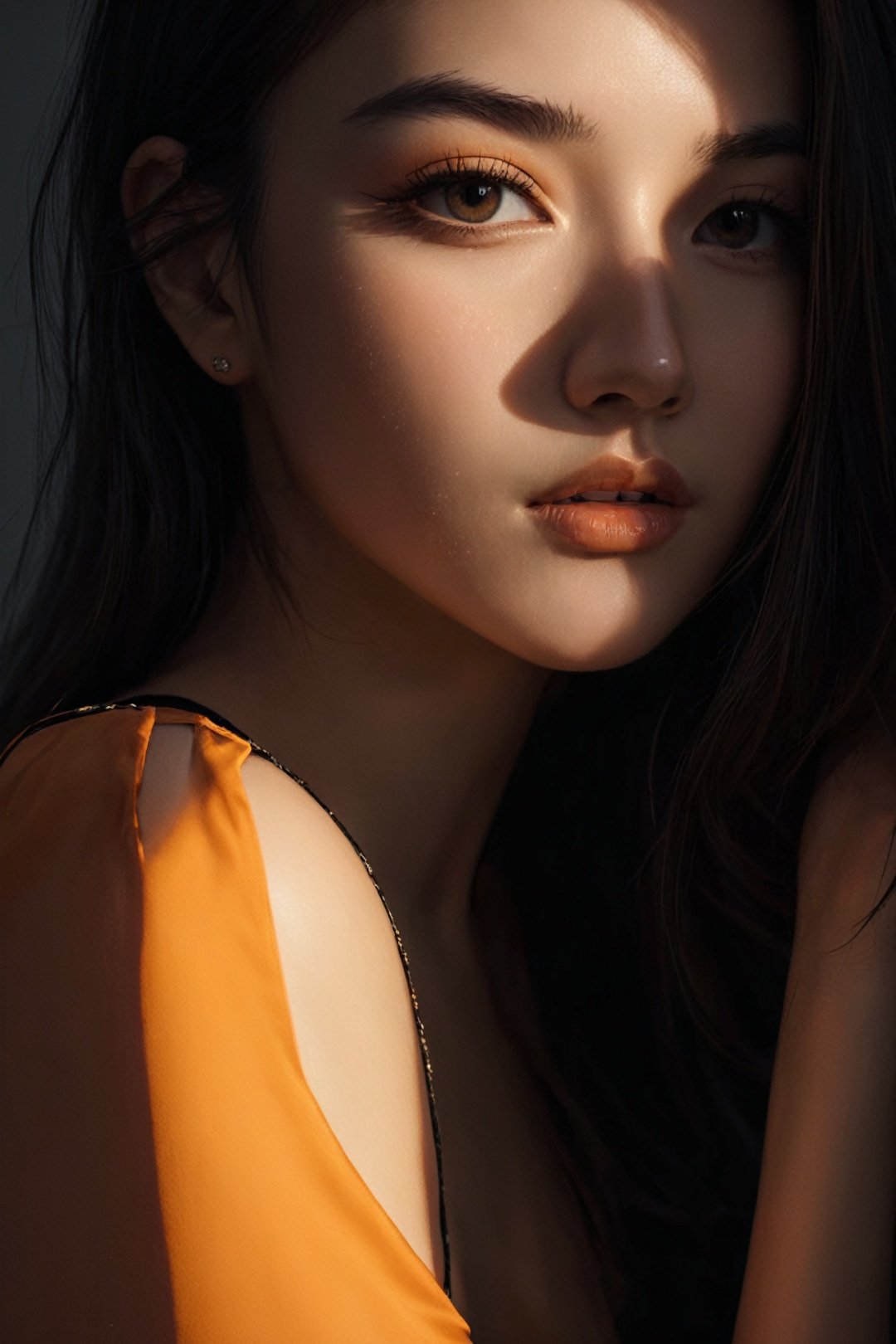  spotlight,1girl,upper body,dark theme,looking at viewer,parted lips,orange background,beautiful detailed skin,spotlight,dark theme, spotlight,dark theme,, silhouette,light master