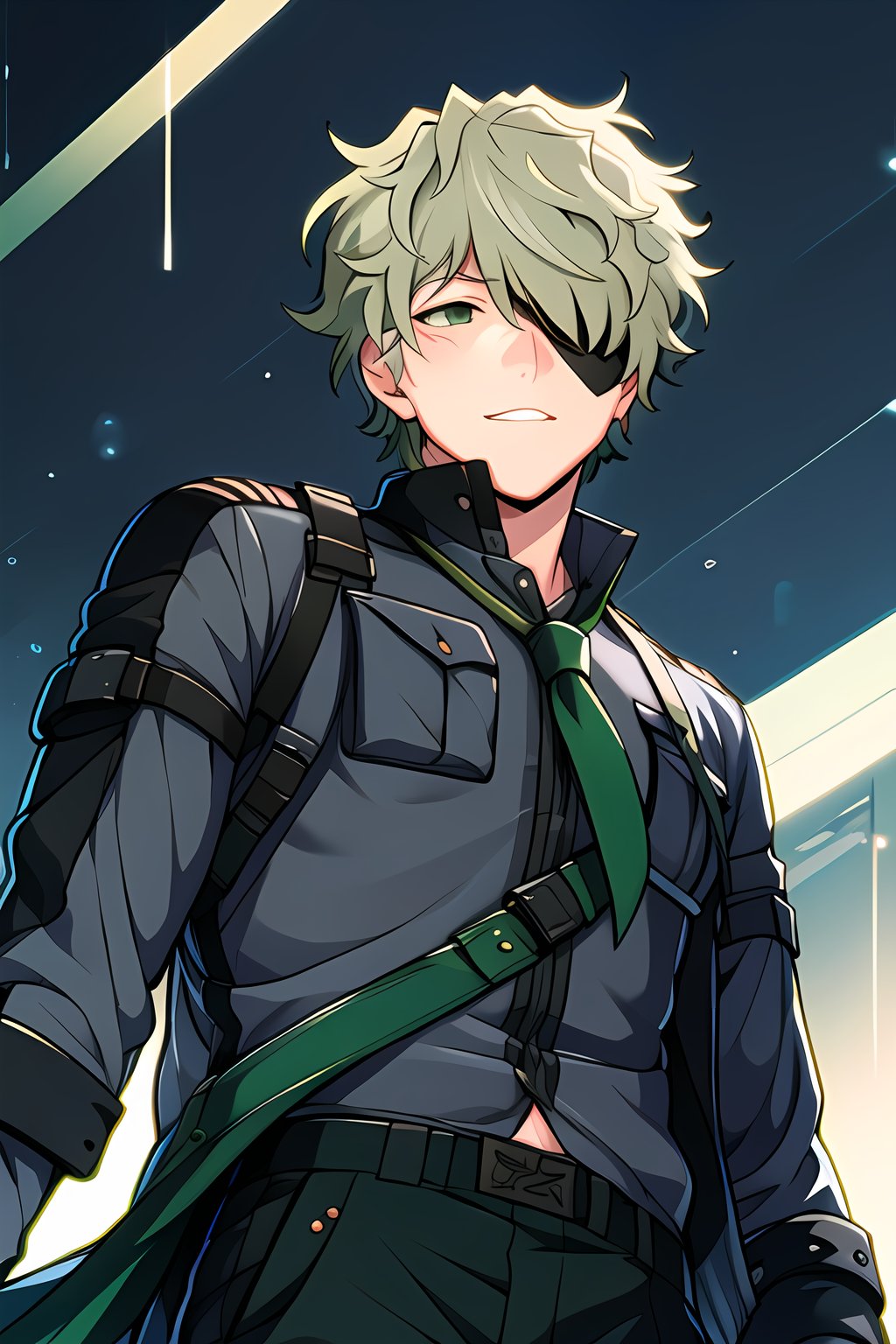 masterpiece, best quality, Looking at viewer, 1boy, solo, male, light ray, upper_body,Keith_Max,Green hair,Green eyes,hair over one eye,eyepatch, from below,  standing,