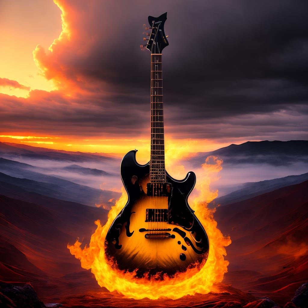 (masterpiece, best quality:1.5) Arcana burning guitar, cloudy sky, fantasy, no humans, outdoors, scenery, sky, sunset, <lora:F1ame-000004:0.8>