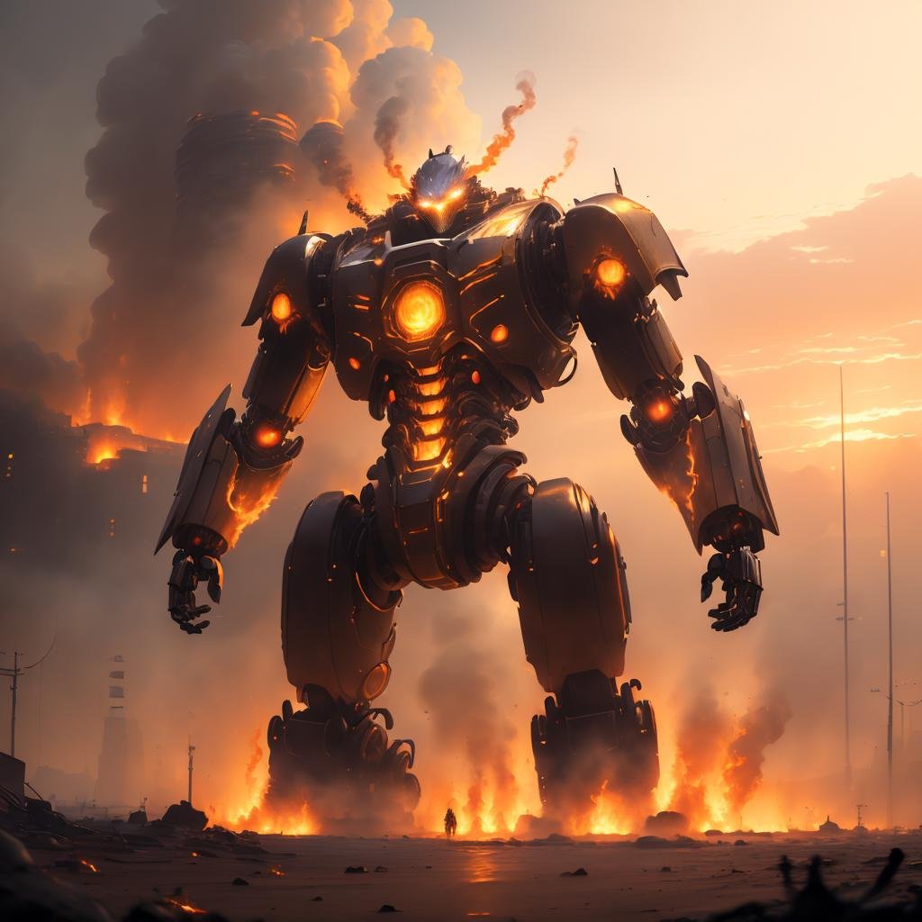 (masterpiece, best quality:1.5) a burning robot,fantasy, no humans, outdoors, scenery, sunset, <lora:F1ame-000004:0.8>