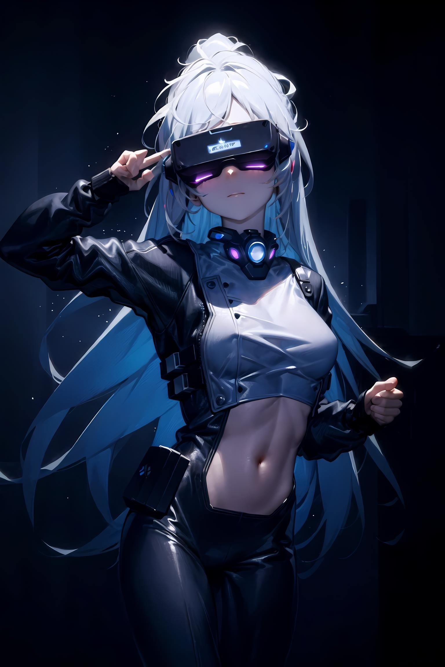 (masterpiece:1.3), <lora:conceptHeadMounted_v10:1.0>, glowing head-mounted display, 1girl, (bodysuit:1.0), cyberpunk, cowboy_pose, (long_hair:0.8), (white_hair:1.0), (belly:1.2), arm_up, medium_breast, closed_mouth, purple and blue mood, light_particles, wind