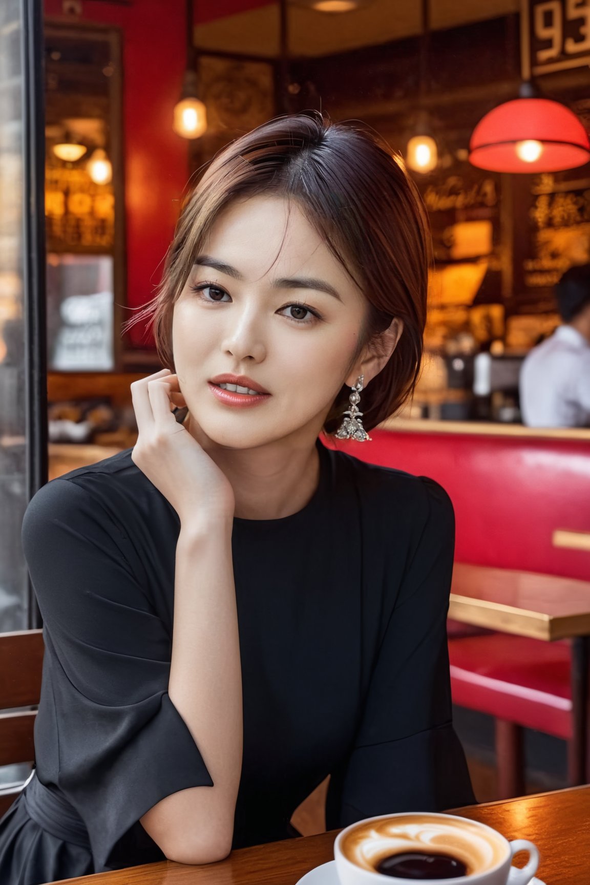 plot:a beautiful girl at a cafe,song-hyegyo-xl,20yo,1girl, solo,detailed exquisite face,smile,looking at viewer, mesmerizing,bobcut,elegant dress,[Red  and Black color],fullbody:1.3
BREAK
backdrop:NY city street,cafe,table,coffee mug,cake,window,bottles,(girl focus),cluttered maximalism
BREAK
settings: (rule of thirds1.3),perfect composition,studio photo,trending on artstation,depth of perspective,(Masterpiece,Best quality,32k,UHD:1.4),(sharp focus,high contrast,HDR,hyper-detailed,intricate details,ultra-realistic,kodachrome 800:1.3),(cinematic lighting:1.3)
BREAK
[artists:Karol Bak$,Alessandro Pautasso$,Gustav Klimt$ and Hayao Miyazaki$:0.6]
BREAK
LoRA:art_booster,photo_b00ster, real_booster,song-hyegyo-xl