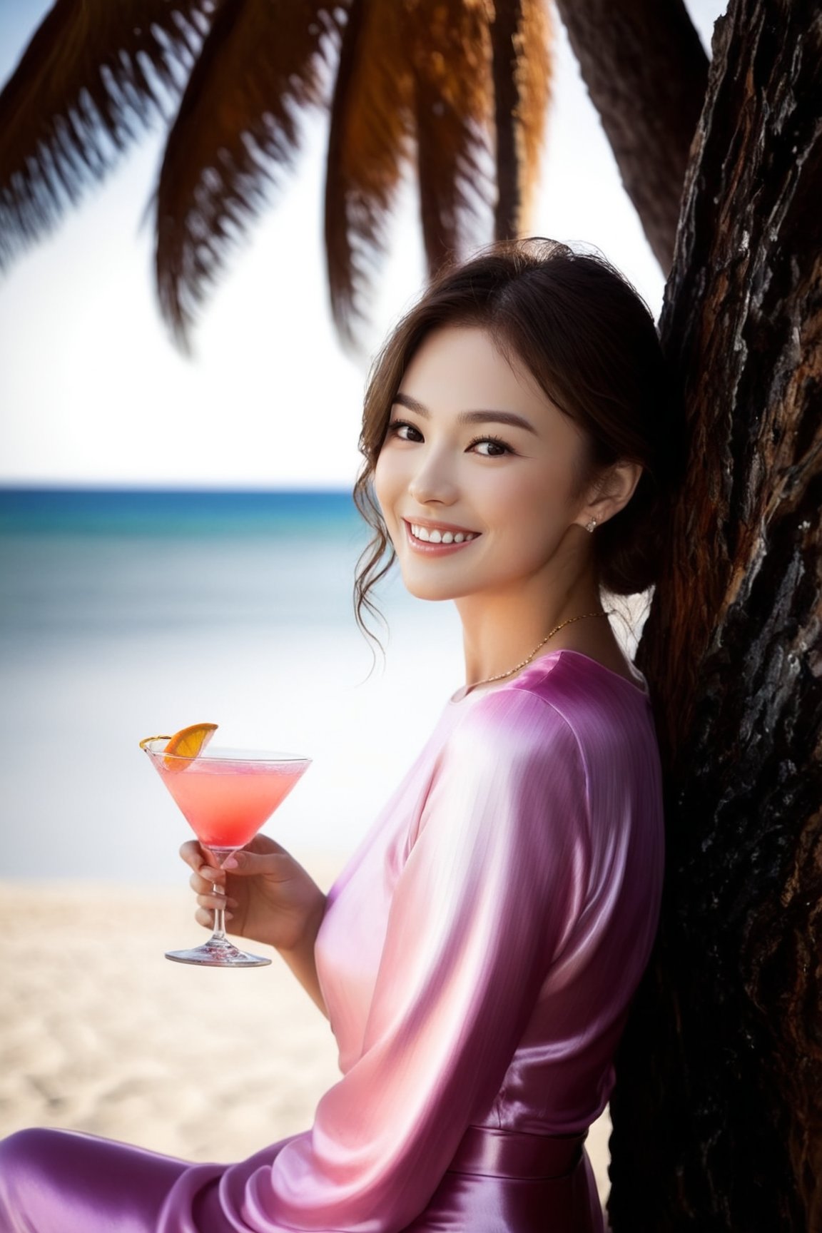 plot:a beautiful girl sitting in a cocktail bar on a beach,20yo,1girl,solo,detailed exquisite face,soft shiny skin,smile,oiled body,looking at viewer,elegant dress,[Pink and White color] 
BREAK 
(backdrop:beach,cocktail bar,table,cocktail,bottles, tree,rock,girl focus,cluttered maximalism:1.3)
BREAK
settings: (rule of thirds1.3),perfect composition,studio photo,trending on artstation,depth of perspective,(Masterpiece,Best quality,32k,UHD:1.4),(sharp focus,high contrast,HDR,hyper-detailed,intricate details,ultra-realistic,kodachrome 800:1.3),(cinematic lighting:1.3)
BREAK
(artists:Karol Bak$,Alessandro Pautasso$,Gustav Klimt$ and Hayao Miyazaki$:1.3)
BREAK
LoRA:art_booster,photo_b00ster, real_booster,song-hyegyo-xl