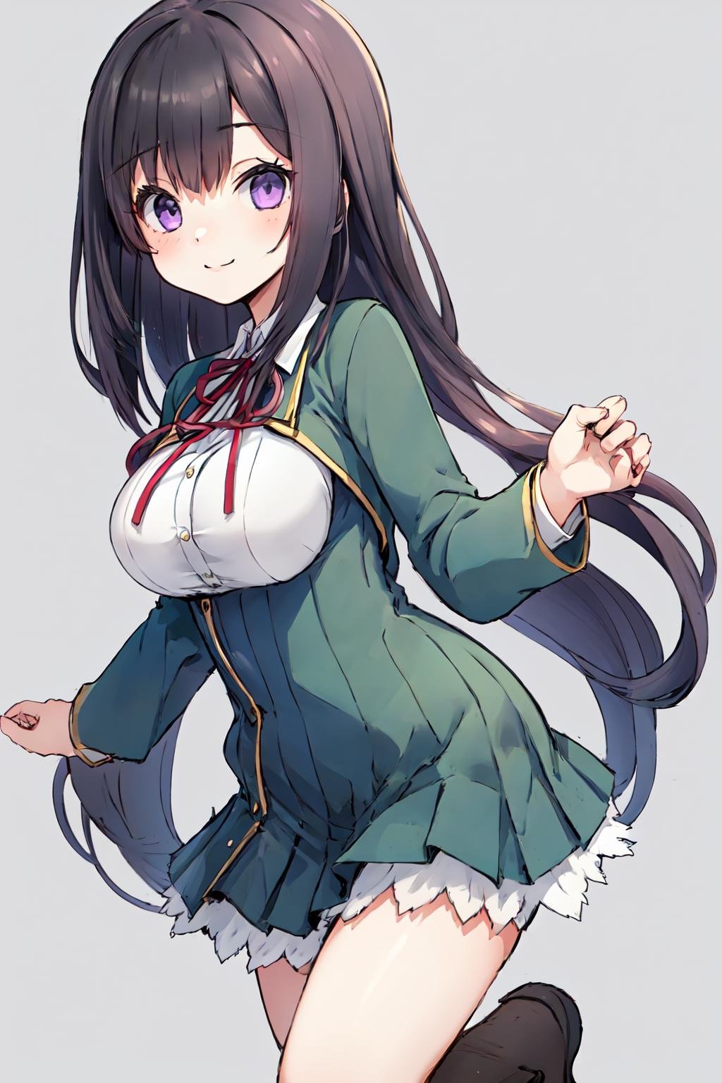 1girl, koichoco school uniform, green jacket,  large breasts,  breasts,  black hair,  medium hair, , purple eyes,  smile   <lora:koichoco_locon_1_BASEOFF_1_Koichoco:1>