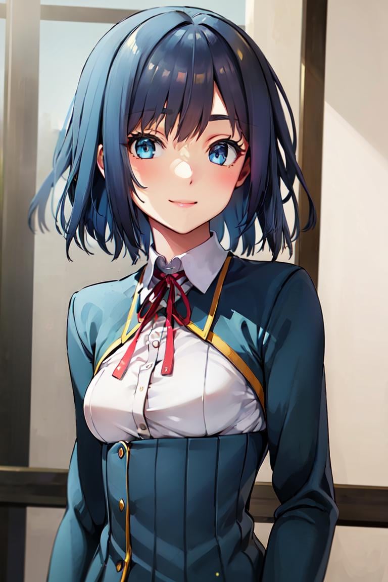 1girl, koichoco school uniform, green jacket,  small breasts,  breasts, (blue hair:1.2), short hair, smile , upper body,   <lora:koichoco-v1:1>  