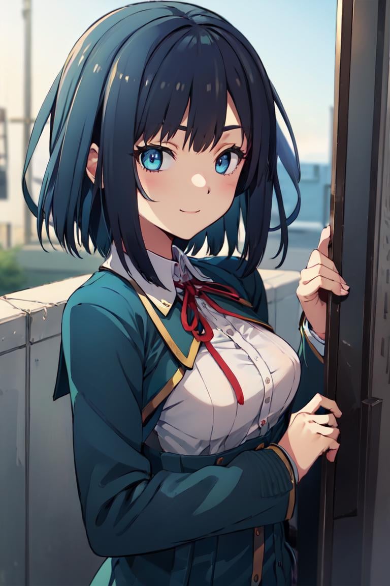 1girl, koichoco school uniform, green jacket,  small breasts,  breasts, (blue hair:1.2), short hair, smile , upper body,   <lora:koichoco-v1:1>  