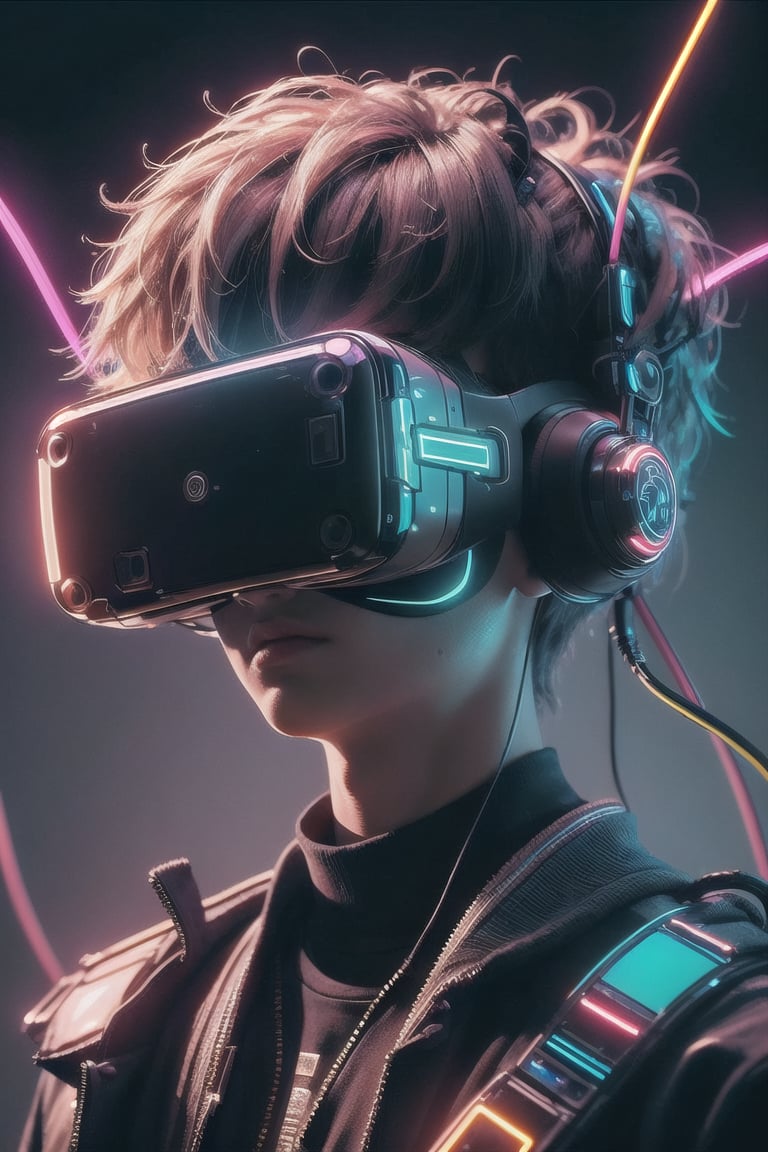 1boy, with a Cyberpunk VR on face, intrincate details, wires of all colors, vibrant colors, neon lights, futuristic, intrincate