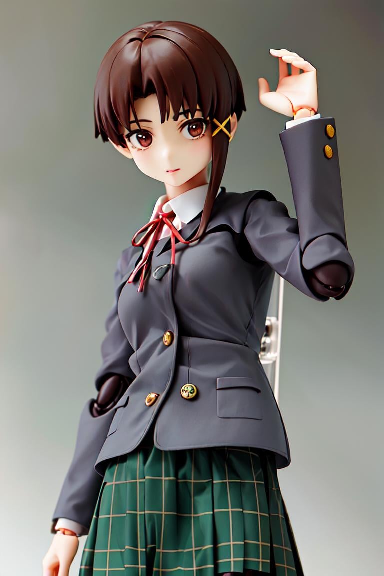 <lora:figma1:1>  (masterpiece, best quality, absurdres:1.2),photo of a highly detailed (figma) of iwakura lain, brown eyes, (schlain:1.2), grey jacket, plaid skirt, (green skirt:1.2), 1girl, solo, [realistic], rendered in blender simple background<lora:lain-v1r1:0.8>