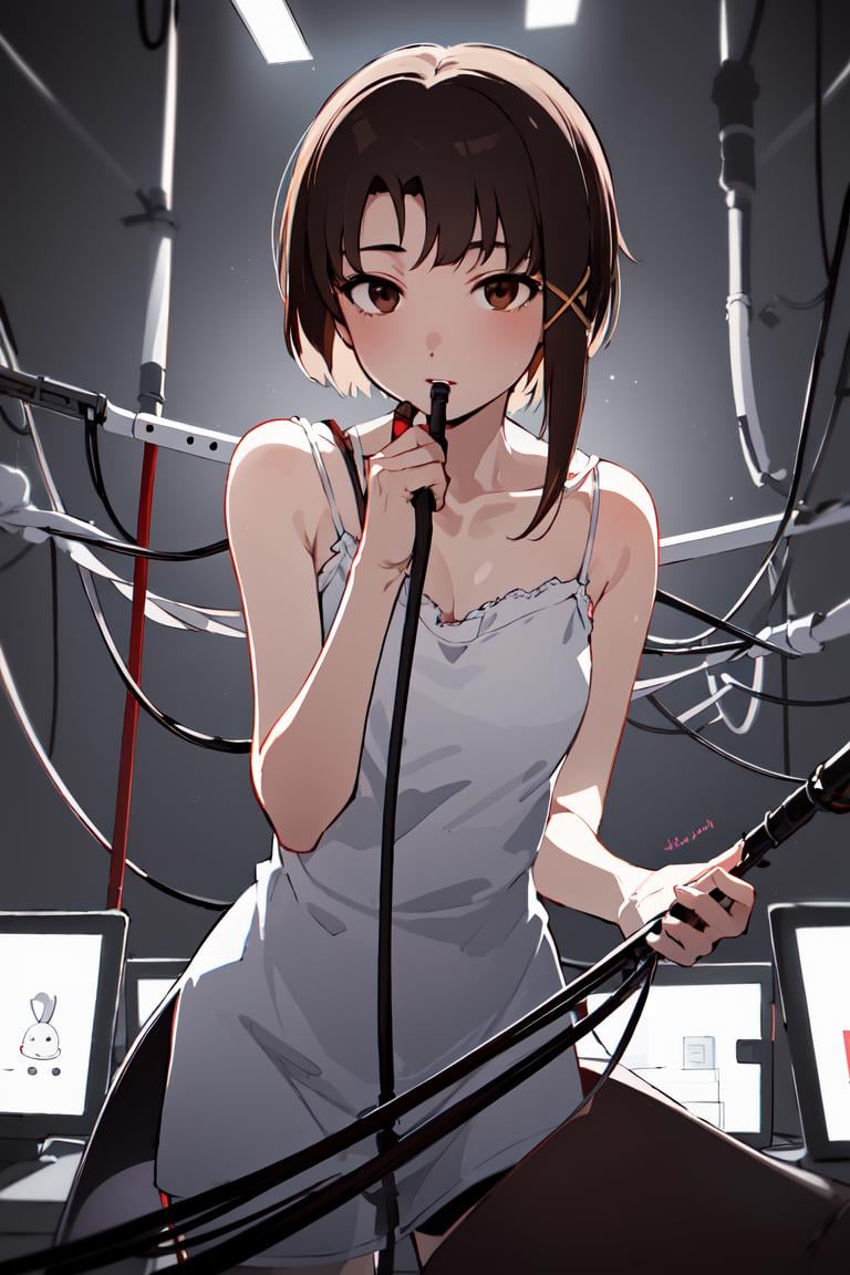 1girl, iwakura lain, brown eyes, camlain, <lora:lain-v1r1:0.9>, white camisole, indoors, dark room, (cable:1.4), pipe, crt monitor, electrode on lips