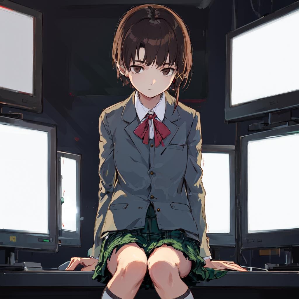 <lora:lain-v1r1:0.8> iwakura lain, brown eyes, (schlain:1.2), grey jacket, plaid skirt, green skirt, computer, monitor, glowing, eye reflection, sitting, masterpiece, best quality, highres, <lora:GoodHands-vanilla:1> nice hands, perfect hands