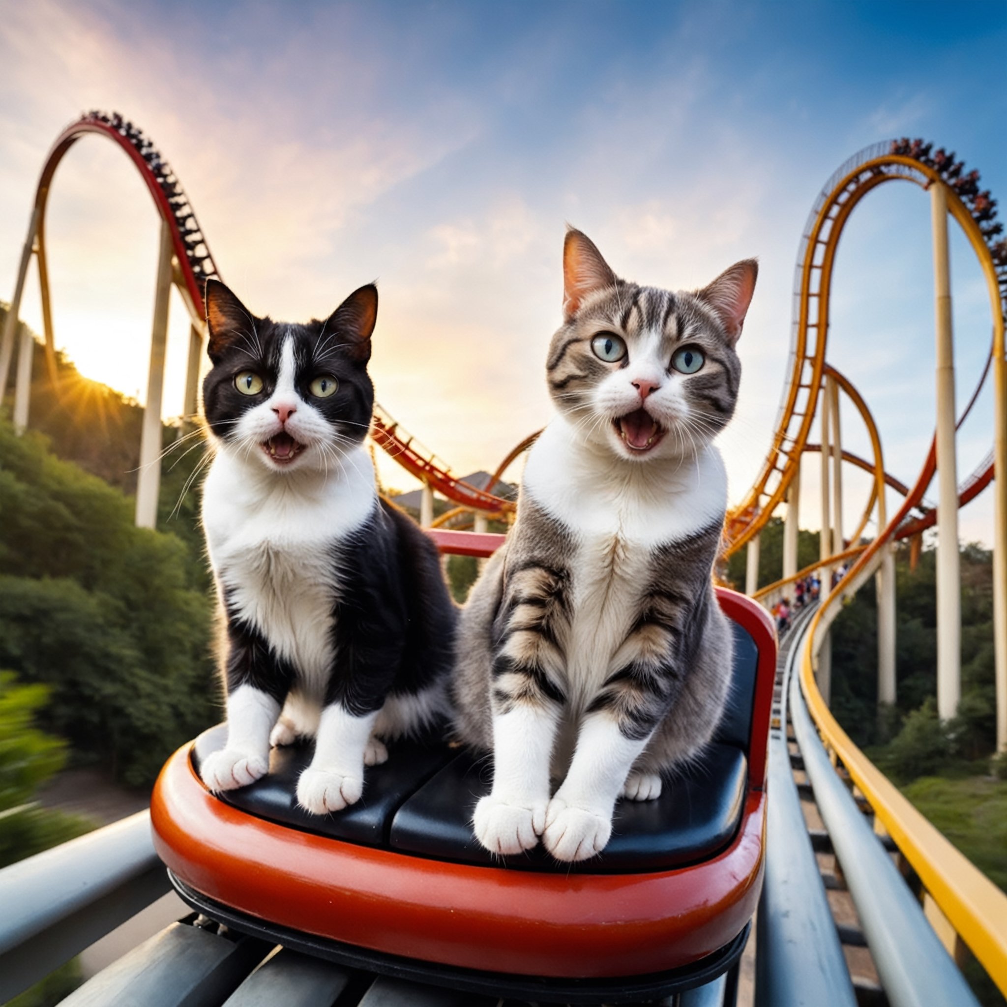 2 cat are riding a rollercoaster 