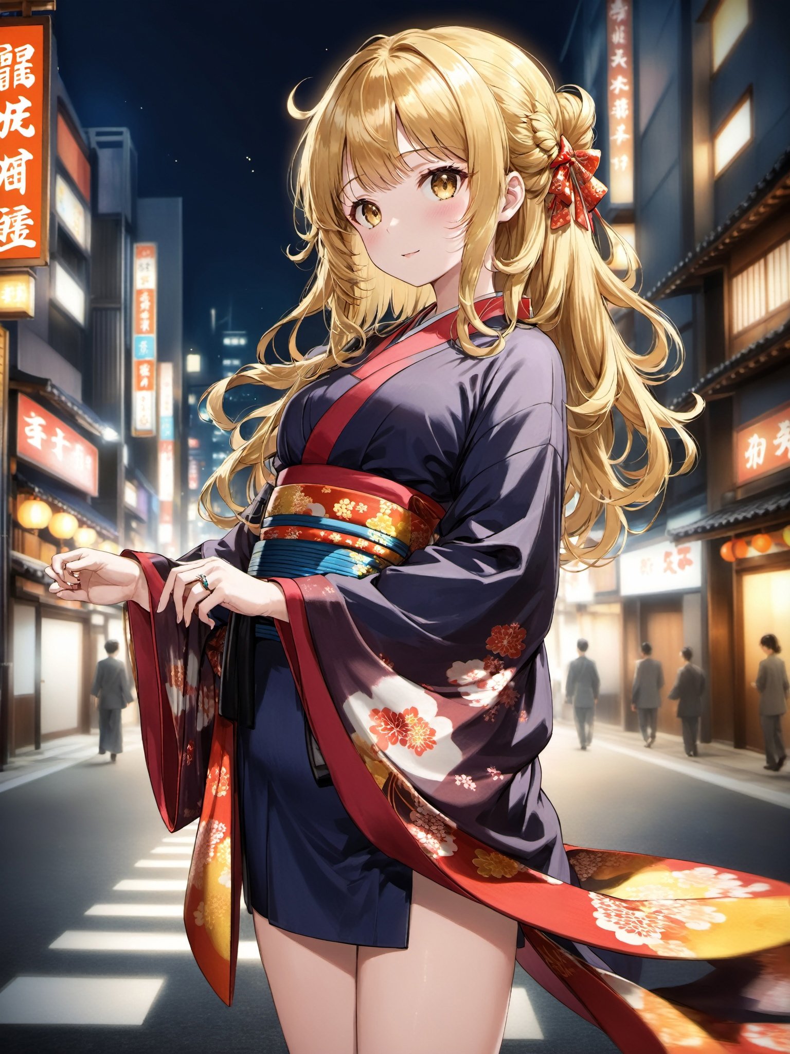 1girl, golden hair, very long hair,  ringlets hair,  bangs,  vivid kimono garter belt ,  japanese business district midnight,  cinematic angle