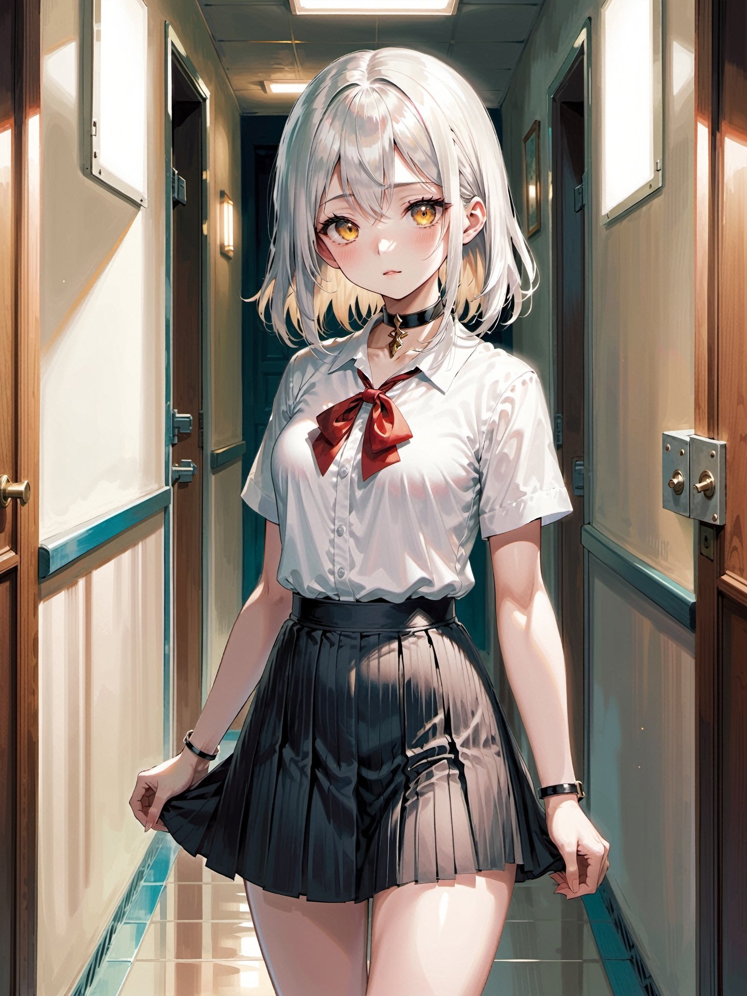 1girl, platinum hair, long hair, flipped hair,  hair between eyes bangs,  exotic very short length white shirts with open chest pleated skirt choker ,  horror common corridor daytime,  character focus