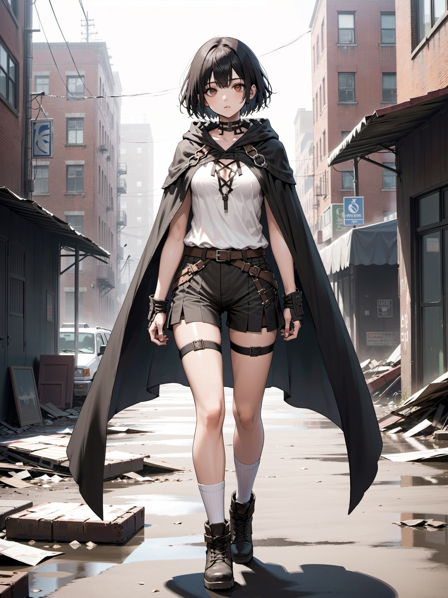 girl in a post-apocalyptic world. The character should have black short bob hair, brown eyes, and wear a black cloak de cour. She should also be wearing black shorts, lace-up boots, white long socks, and a white shirt with a chest harness. The overall style should reflect the gritty and dystopian nature of the post-apocalyptic setting while capturing the innocence and vulnerability of a girl.