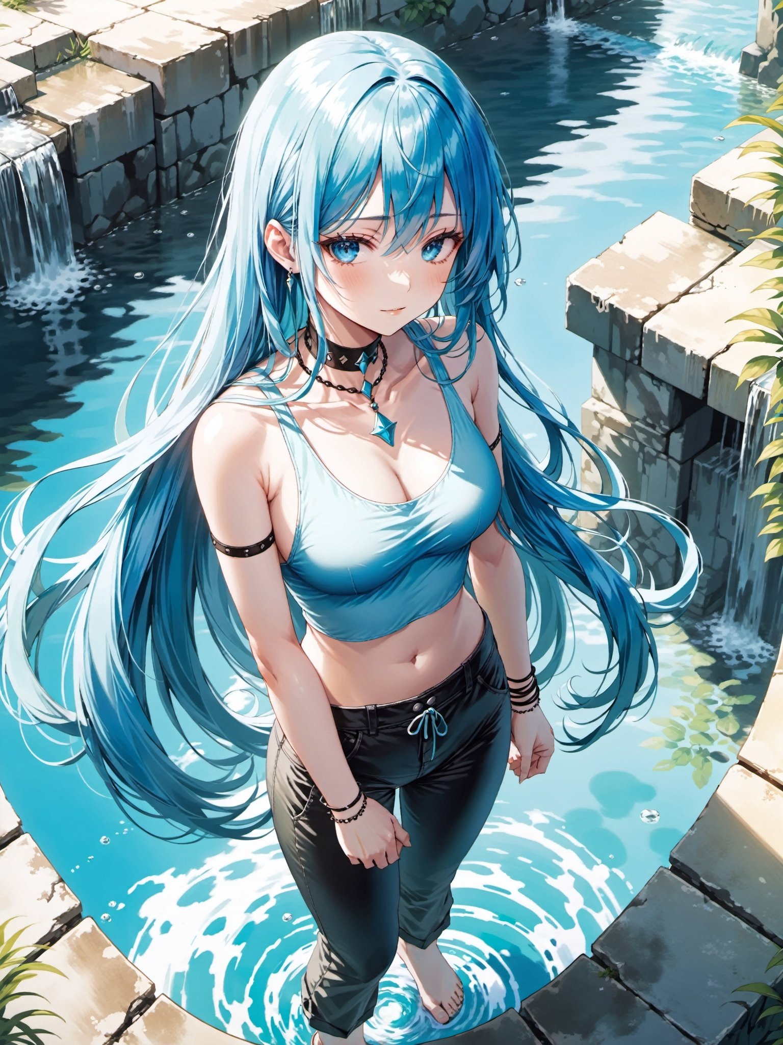 1girl,solo,light blue long hair,hair,tank top cropped pants choker,fantasy rivers daytime,from above,