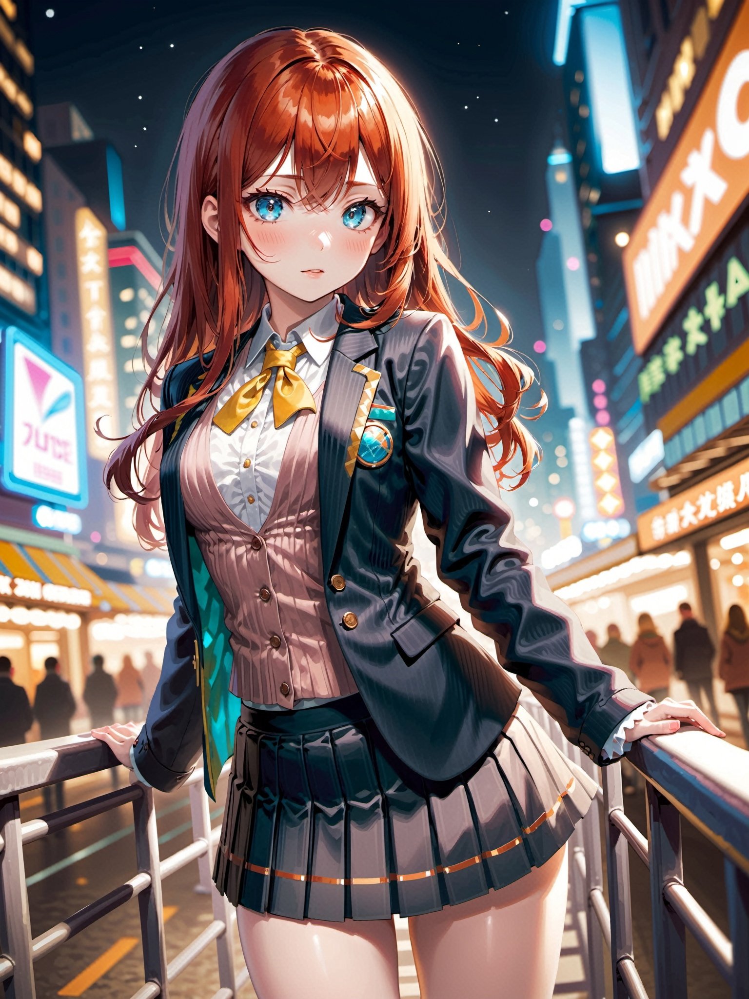 1girl, redhead hair, long hair, wavy hair,  hair between eyes bangs,  exotic blazer very short pleated miniskirt garter straps ,  gaming cityspace nighttime,  fisheye lens