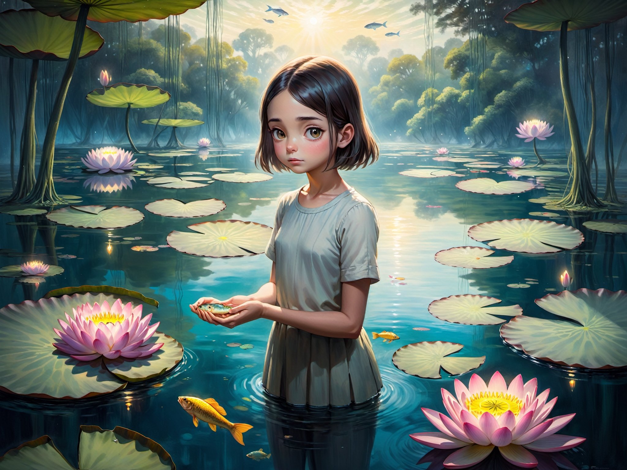 Wide oil painting of a  girl looking directly at the viewer, amidst a setting where gigantic water lilies float on a mystical lake with glowing fish.