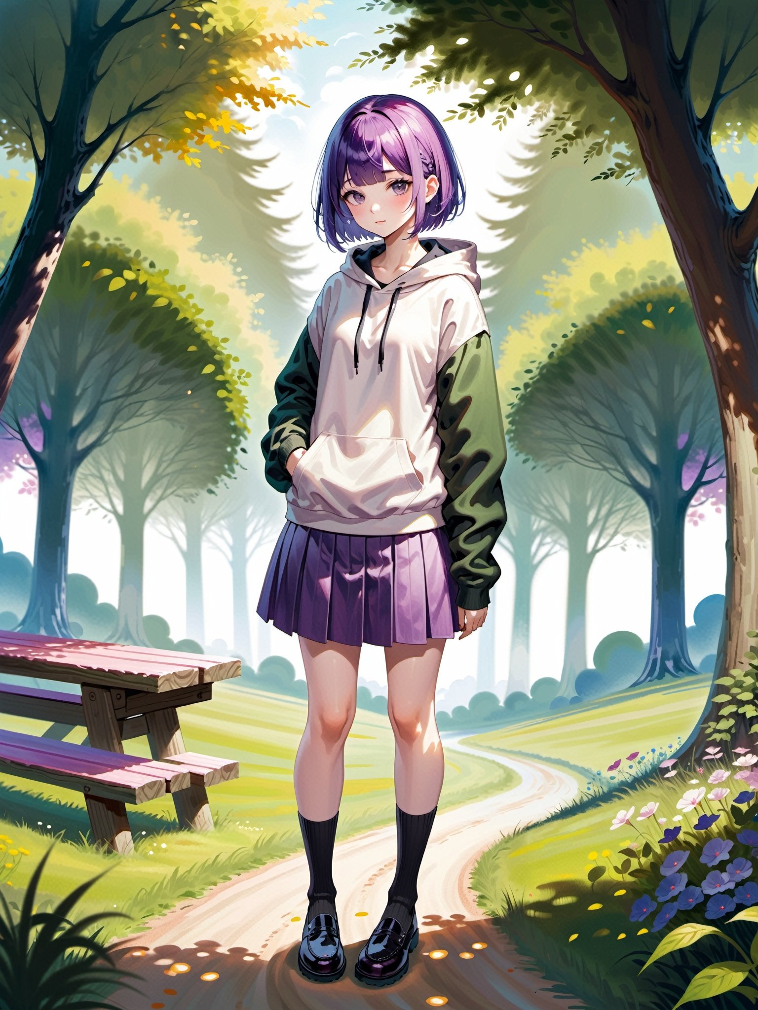 1girl, purple hair, very short hair,  half updo hair,  bangs,   hooded sweatshirt waist apron loafers,  decadent countryside daytime,  close to viewer