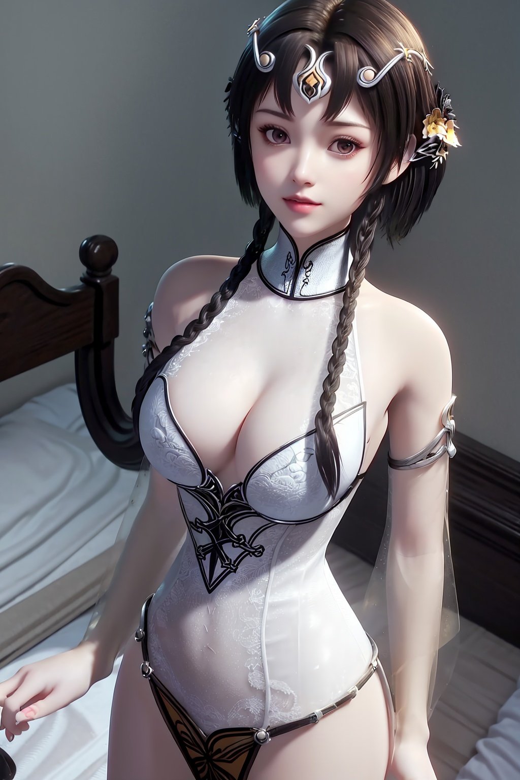 (8k, RAW photo, best quality, masterpiece:1.2),(realistic, photorealistic:1.3),ultra-detailed,extremely detailed cg 8k wallpaper,(crystalstexture skin:1.2),extremely delicate and beautiful,1girl,solo,braid,hair ornament,realistic,twin braids,brown hair,black hair,bare shoulders,long hair,bed,in the bed,upper body,photo_\(medium\),(breasts, medium_breasts, cleavage),looking at viewer,standing,nude,