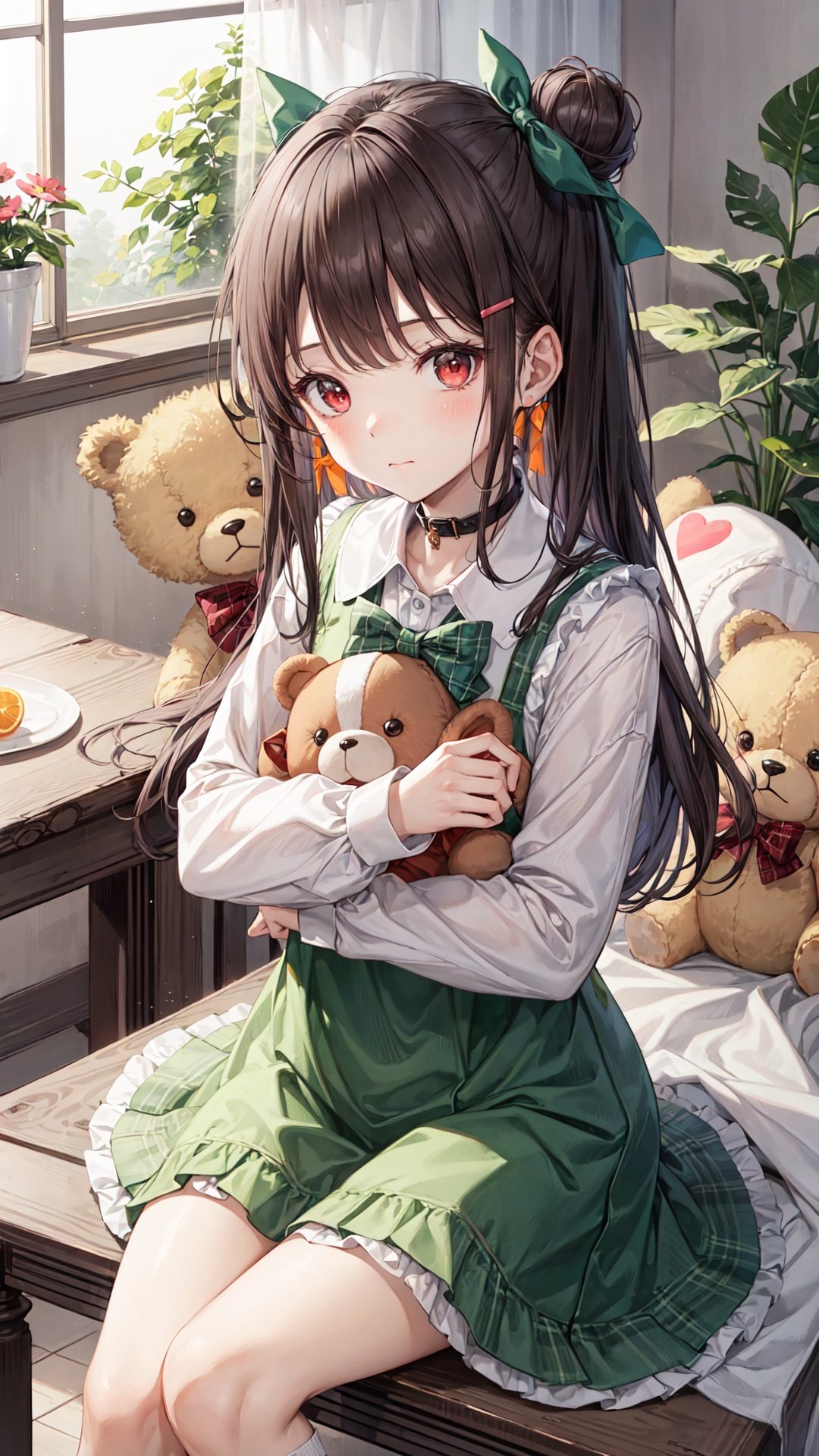 1girl, stuffed animal, stuffed toy, solo, dress, long hair, sitting, looking at viewer, teddy bear, holding stuffed toy, long sleeves, hair ornament, hair bun, bow, green dress, orange bow, plaid, blush, socks, frills, bangs, closed mouth, holding, red eyes, orange bowtie, flower, feet out of frame, ribbon, hair ribbon, single side bun, green bow, brown hair, table, blanket, black ribbon, hairclip, collar, bowtie