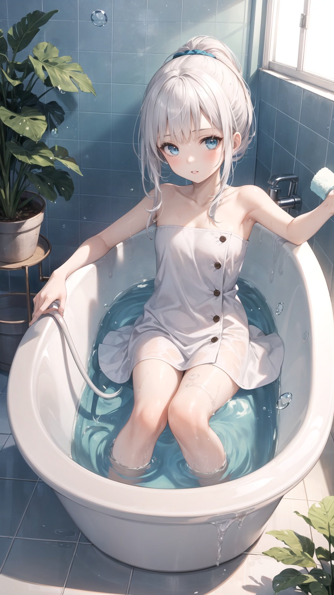 1girl, bathtub, solo, long hair, looking at viewer, window, white hair, bathing, indoors, water, soap bubbles, plant, bathroom, outstretched arms, bubble, bath, towel, blue eyes, ponytail, tiles, soap bottle, bangs, tile wall, potted plant, faucet, partially submerged, wet, blush, from above, parted lips, aqua eyes