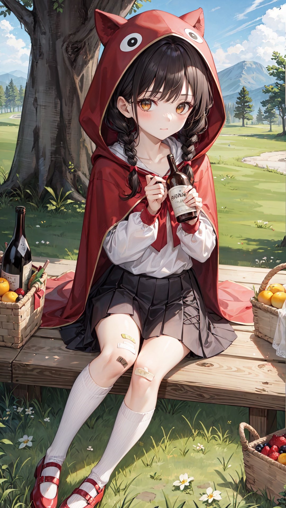 1girl, bottle, solo, skirt, sitting, braid, outdoors, hood, shirt, socks, white socks, white shirt, red skirt, twin braids, shoes, bandaid, red footwear, wine bottle, looking at viewer, tree, brown hair, day, long hair, holding, frills, little red riding hood (grimm), frilled skirt, food, bandaid on leg, mary janes, closed mouth, yellow eyes, hood up, bow, basket, kneehighs, fruit, sky, cloak, hooded cloak, grass, bangs, hooded cape, hooded capelet, alcohol, animal hood, full body, picnic basket, cup, cloud, bandaid on knee, pleated skirt, mountain, cape, brown eyes, collarbone