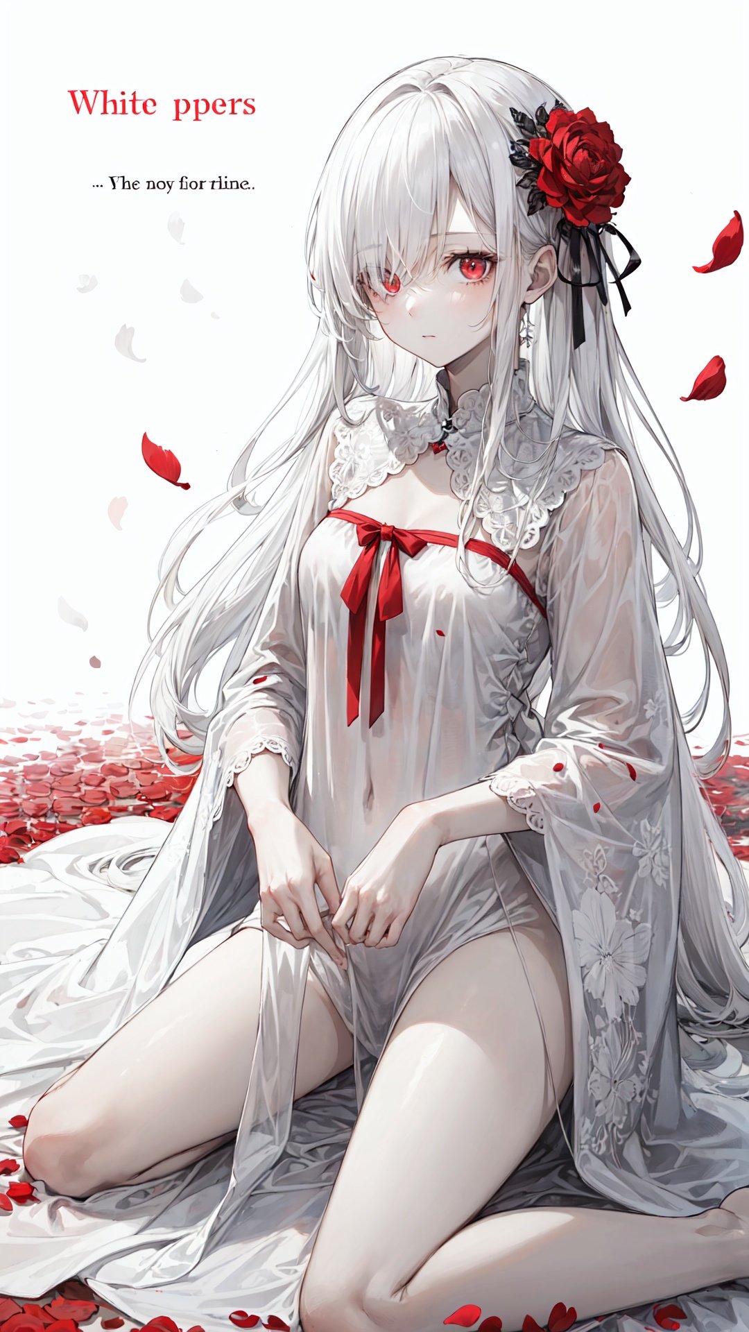 1girl, red eyes, white long translucent night gown, expressionless, (white hair), hair cover one eye, long hair, red hair flower, kneeling on lake, blood, (plenty of red petals:1.35), (white background:1.5), (English text), greyscale, monochrome, greyscale, monochrome, sketch