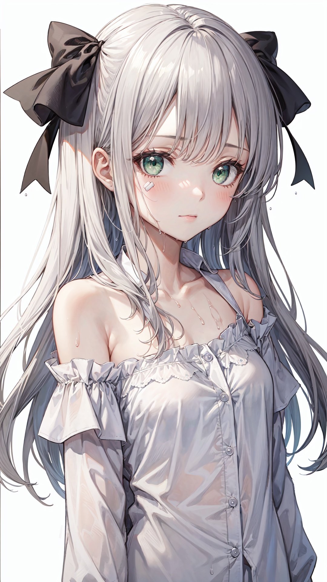 1girl, shirt, solo, white shirt, off shoulder, long hair, looking at viewer, simple background, bandaid, upper body, long sleeves, hair bow, bow, collarbone, two side up, wet, grey hair, bare shoulders, green eyes, collared shirt, blush, white background, dress shirt, cross