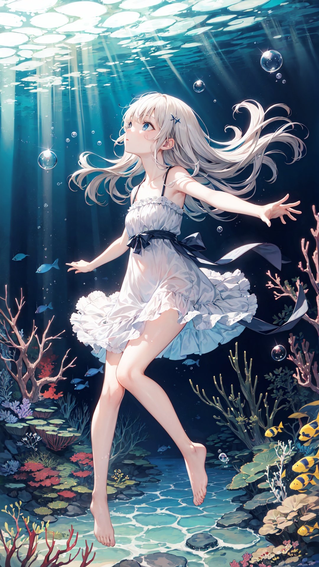 wide shot, (solo:1.3), dramatic angle, (underwater:1.2), masterpiece, best quality, intricate detail, 1girl, swimming, loli, (long hair:1.2), solo, expressionless, blue eyes, looking_up, shoulder strap dress, floating hair, floating clothes, god rays, bubble, barefoot, (full body:1.2), outstretched arm, , perfect hands