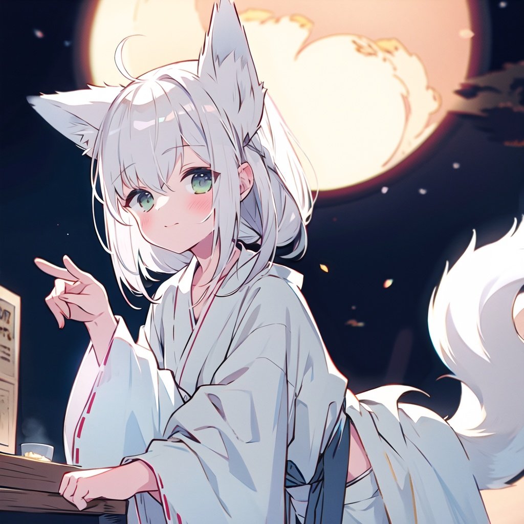 fbk,yukata,fox girl,<lora:fbk_000013:0.8>,1girl,wallpaper,cat_pose,night,leaning_forward,stroking own chin,