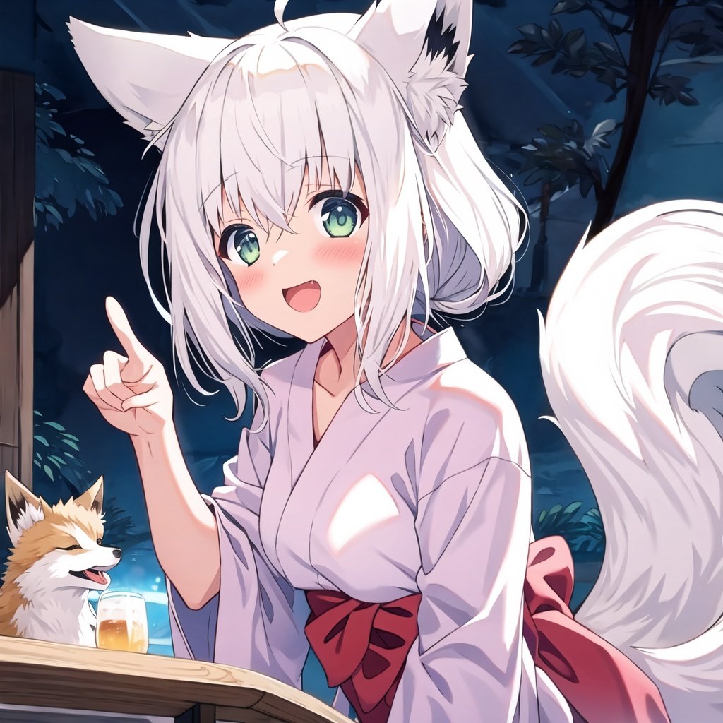 fbk,yukata,fox girl,<lora:fbk_000013:0.8>,1girl,wallpaper,night,leaning_forward,pointing at viewer,