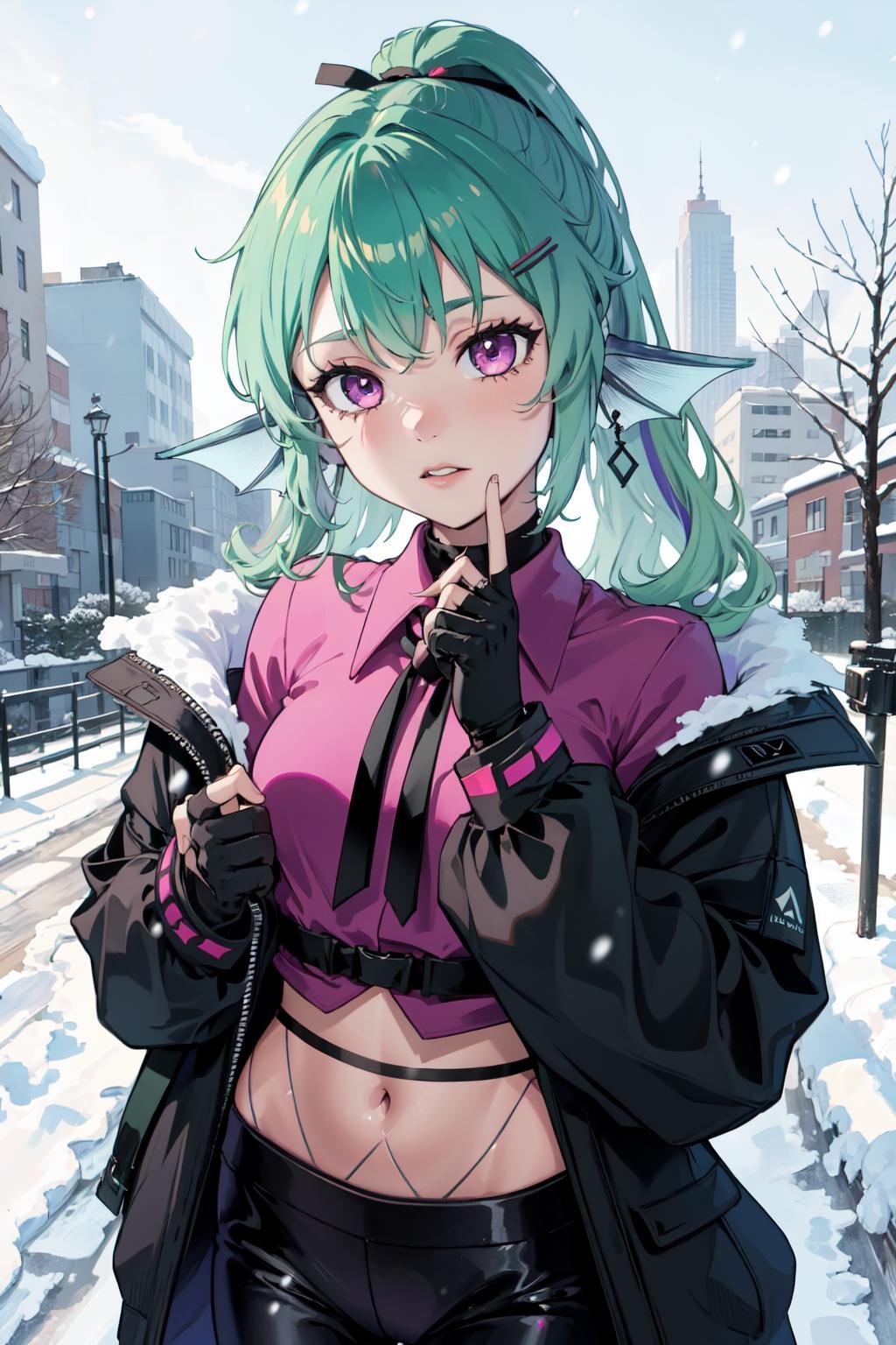 masterpiece, (detailed, highres, best quality), 1girl,  <lora:spfinanaRyugu-09:1> finana3st, purple shirt, hairclip, black gloves, fingerless gloves, black jacket, midriff, black pants, fishnets, earrings, building, flower, outdoors, snow, snowing, tree