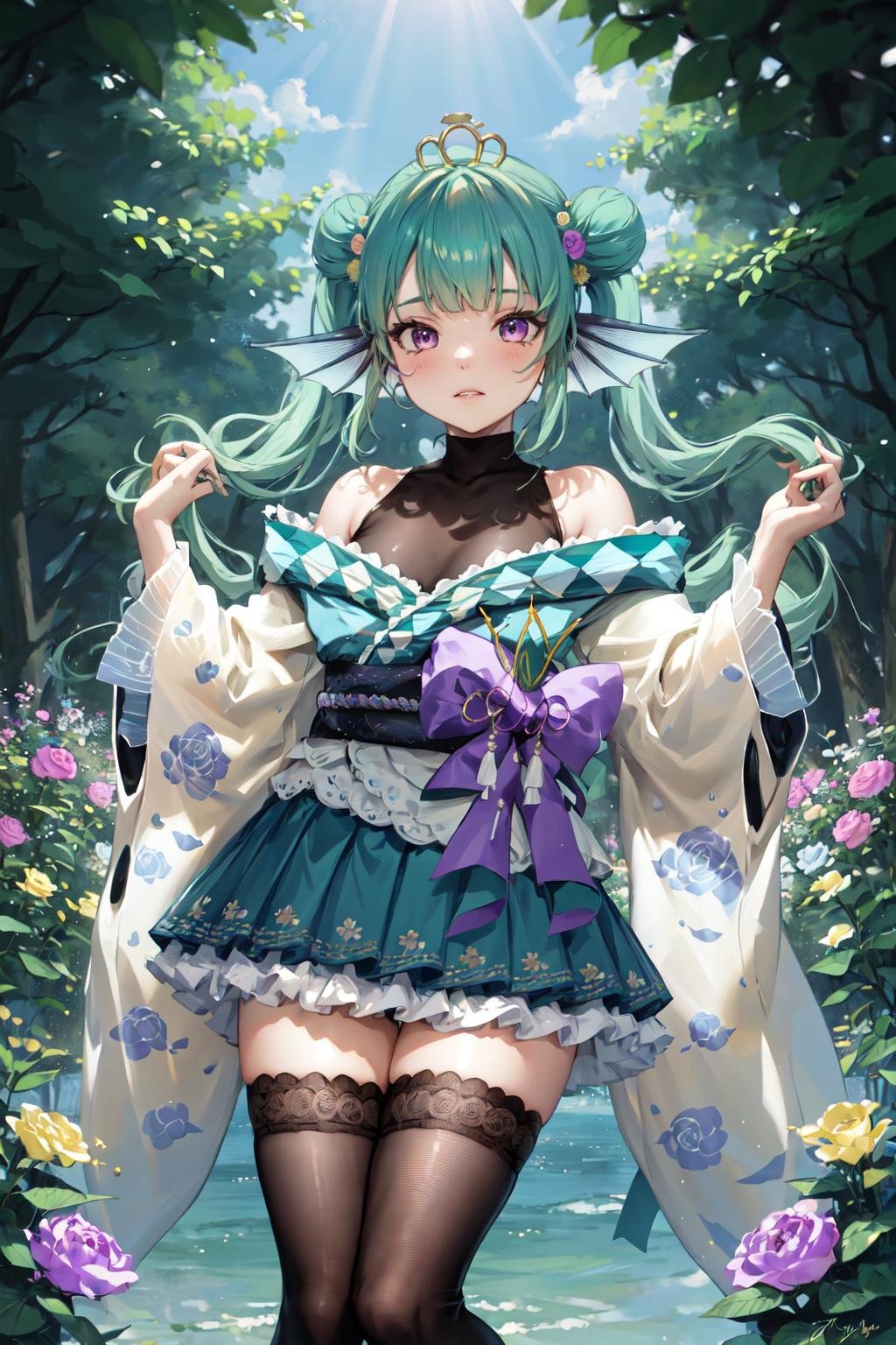 masterpiece, (detailed, highres, best quality), 1girl,  <lora:spfinanaRyugu-09:1> finana2st, twintails, tiara, purple bow, hair flower, white kimono, obi, sash, black bodysuit, green skirt, white thighhighs, dappled sunlight, field, flower, flower field, outdoors, signature, sunlight, white flower, yellow flower